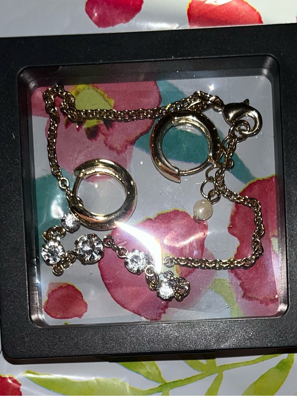 Gold-Tone Crystal Bracelet with Hoop Earrings in Floating Case NWOT